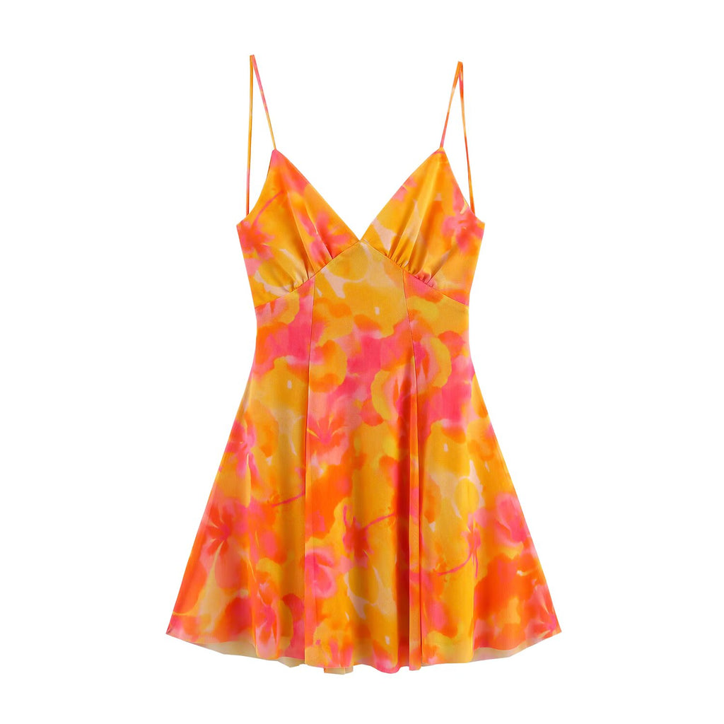 Women lothing Printed Silk Net V neck Sling Short Dress SenDa