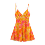 Women lothing Printed Silk Net V neck Sling Short Dress SenDa