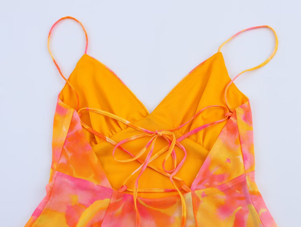 Women lothing Printed Silk Net V neck Sling Short Dress SenDa