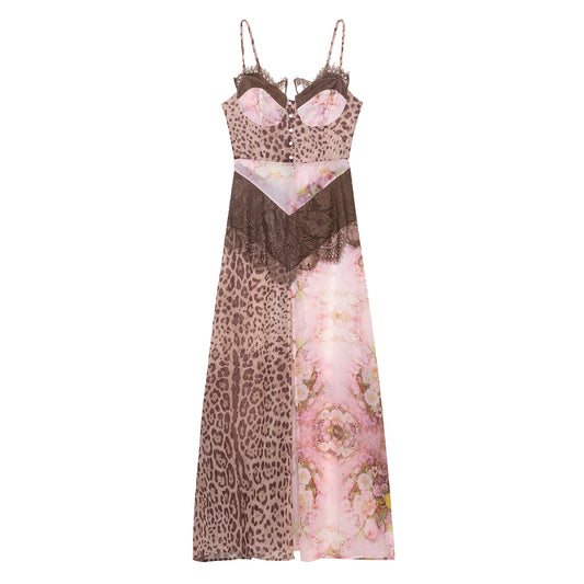 Women Clothing Color Contrast Printed Lace Slim Fit Patchwork Split Sling Dress