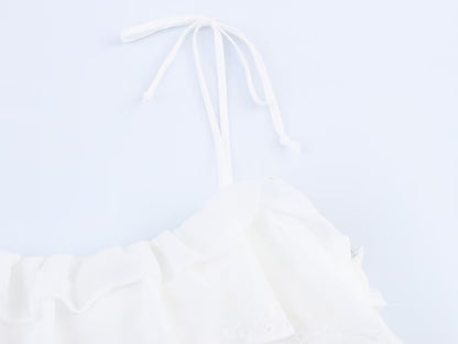 Women Clothing Summer French Embroidery Laminated Decoration Short Strap Dress