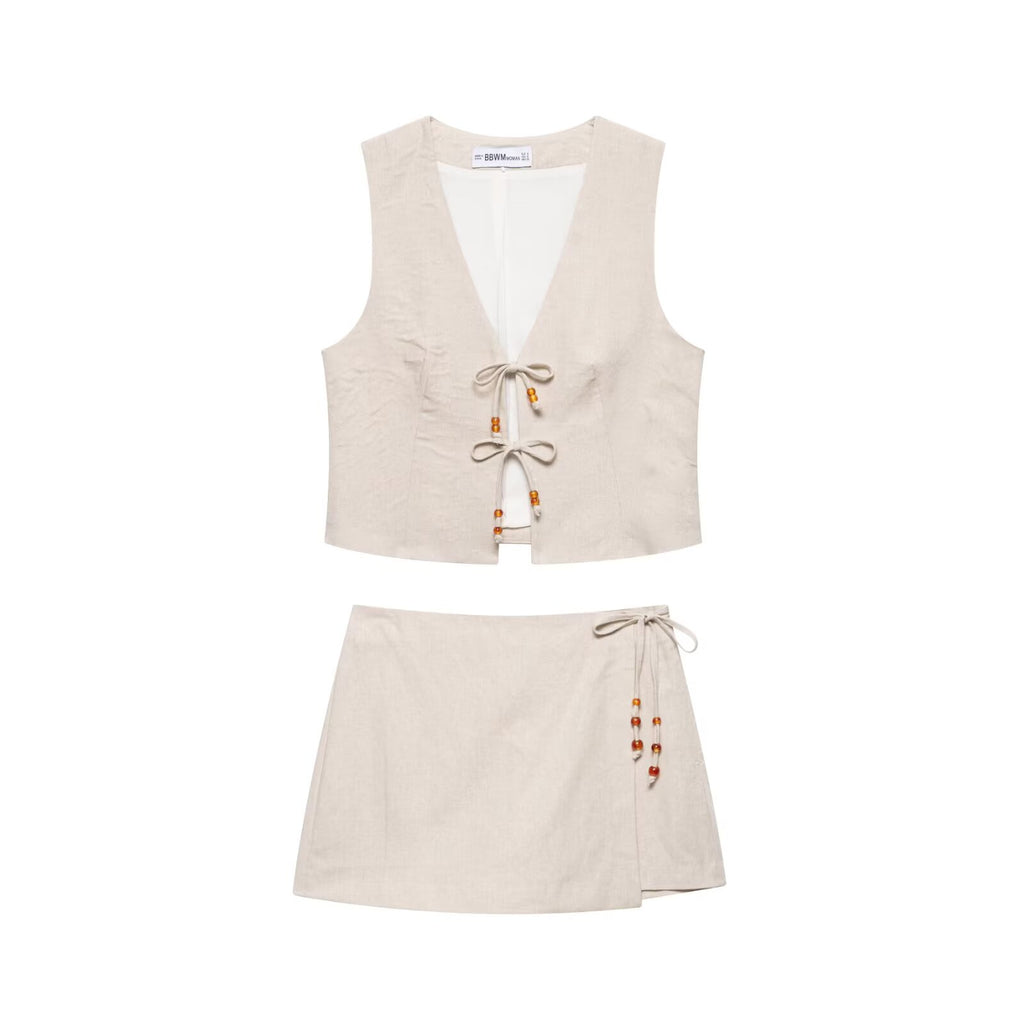 Summer Women Casual Sleeveless Beaded Vest Shorts