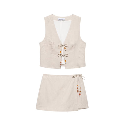 Summer Women Casual Sleeveless Beaded Vest Shorts