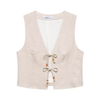Summer Women Casual Sleeveless Beaded Vest Shorts