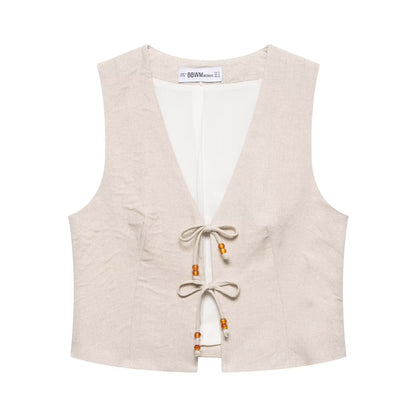 Summer Women Casual Sleeveless Beaded Vest Shorts