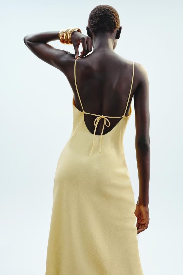 Women Clothing Summer Solid Color Gentle Linen Blend Midi Dress JiaJia