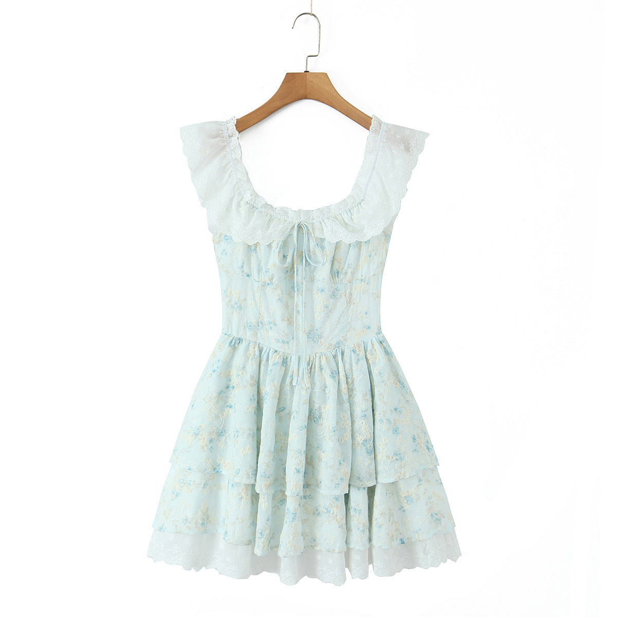 Slim Fit Big U Neck Lace Crochet Embroidery Printed Waist-Controlled Sleeveless Doll Dress