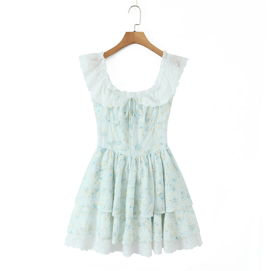 Slim Fit Big U Neck Lace Crochet Embroidery Printed Waist-Controlled Sleeveless Doll Dress