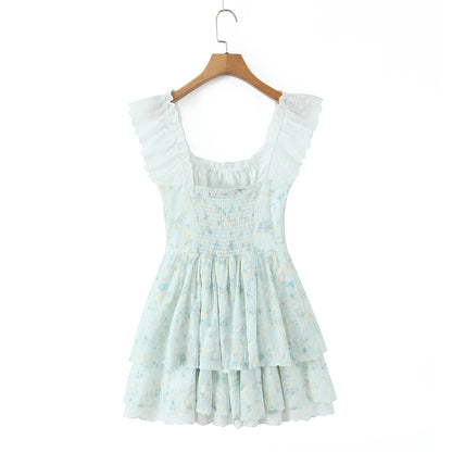 Slim Fit Big U Neck Lace Crochet Embroidery Printed Waist-Controlled Sleeveless Doll Dress