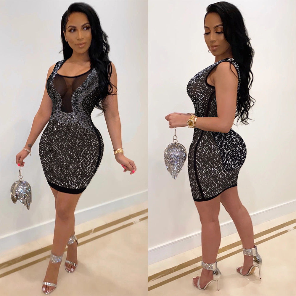 Sexy Slim-Fit Rhinestone See-through Dress Nightclub Uniforms