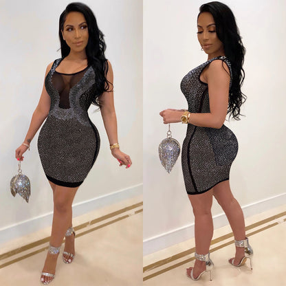 Sexy Slim-Fit Rhinestone See-through Dress Nightclub Uniforms