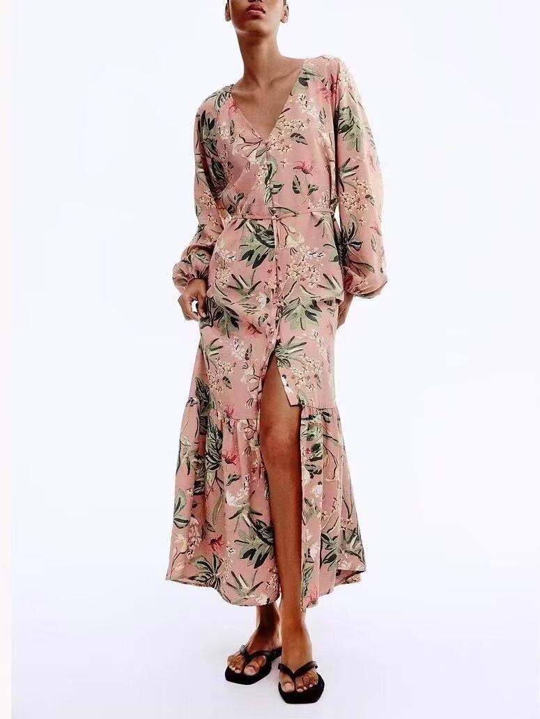 Summer Wind Women Rayon Printed Belt Bohemian Casual Loose Dress YiPin