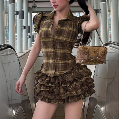 Korean Sweet Girl Preppy Plaid Puff Sleeve Shirt Irregular Asymmetric Hem Waist Slimming Single Breasted Cardigan Top Skirt Sets