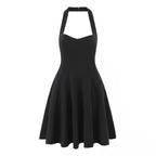 Summer Hepburn Gold Elegant Little Black Dress Women Waist Trimming Lace up Sexy Halter Dress