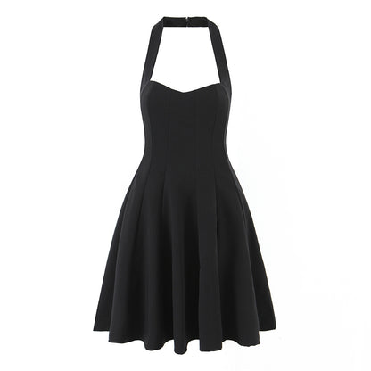 Summer Hepburn Gold Elegant Little Black Dress Women Waist Trimming Lace up Sexy Halter Dress