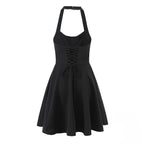 Summer Hepburn Gold Elegant Little Black Dress Women Waist Trimming Lace up Sexy Halter Dress
