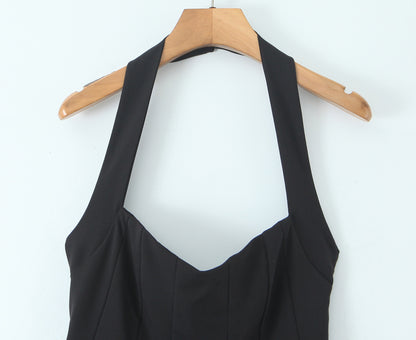 Summer Hepburn Gold Elegant Little Black Dress Women Waist Trimming Lace up Sexy Halter Dress