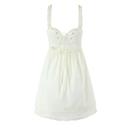 French Slim Fit V neck Lace Lace up Waist Controlled A line Sling Dress