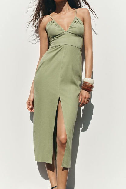 Women Clothing Solid Linen Midi Sling Dress