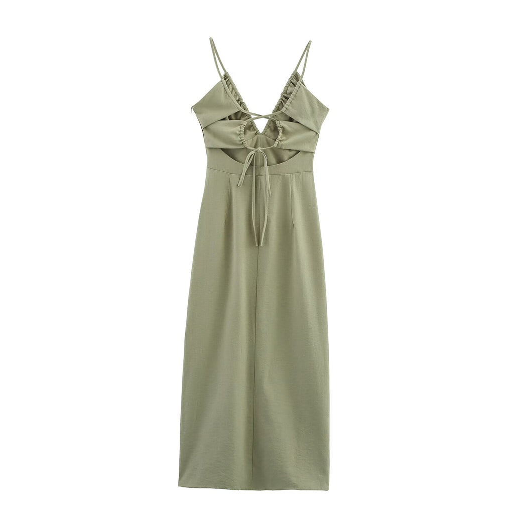 Robe midi à bretelles en lin uni pour femme