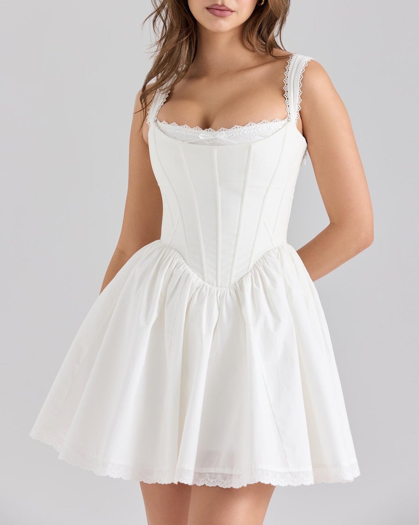 Sweet Lace Chic Bow Short Dress Square Collar Sexy Slim Mini Dress