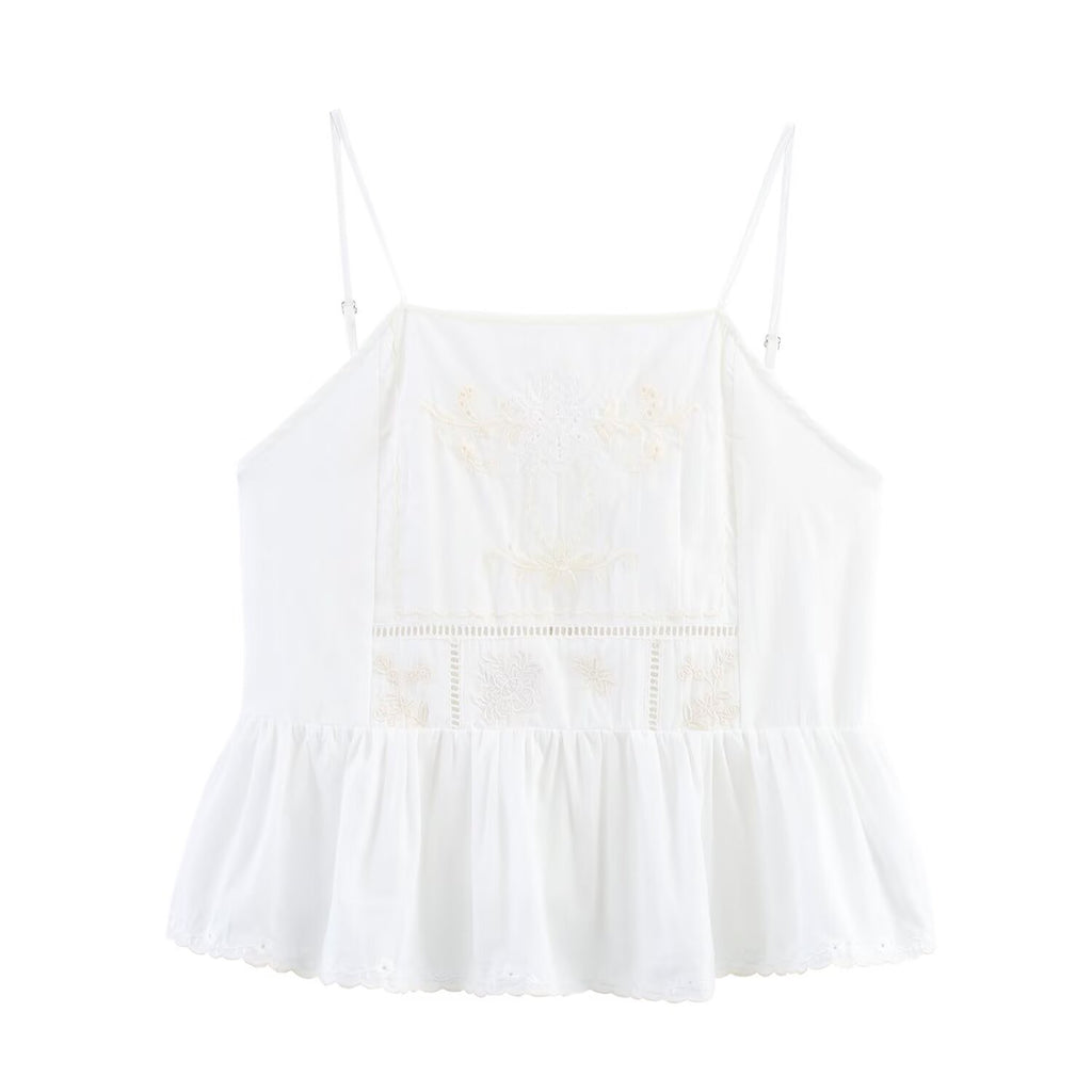 Women Clothing Summer Simple Embroidery Short Pleated Hem Sling Top Howe