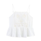 Women Clothing Summer Simple Embroidery Short Pleated Hem Sling Top Howe