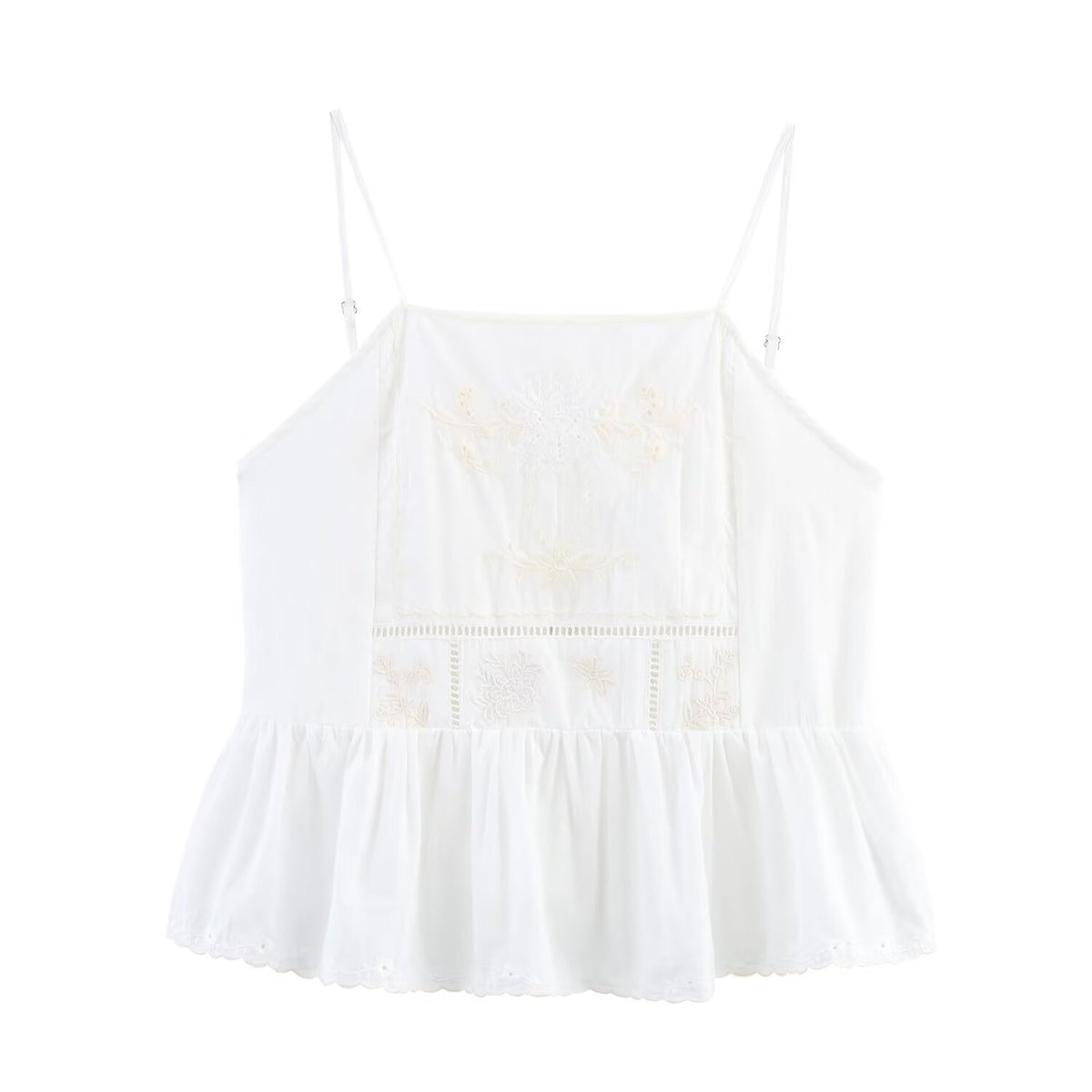 Women Clothing Summer Simple Embroidery Short Pleated Hem Sling Top Howe