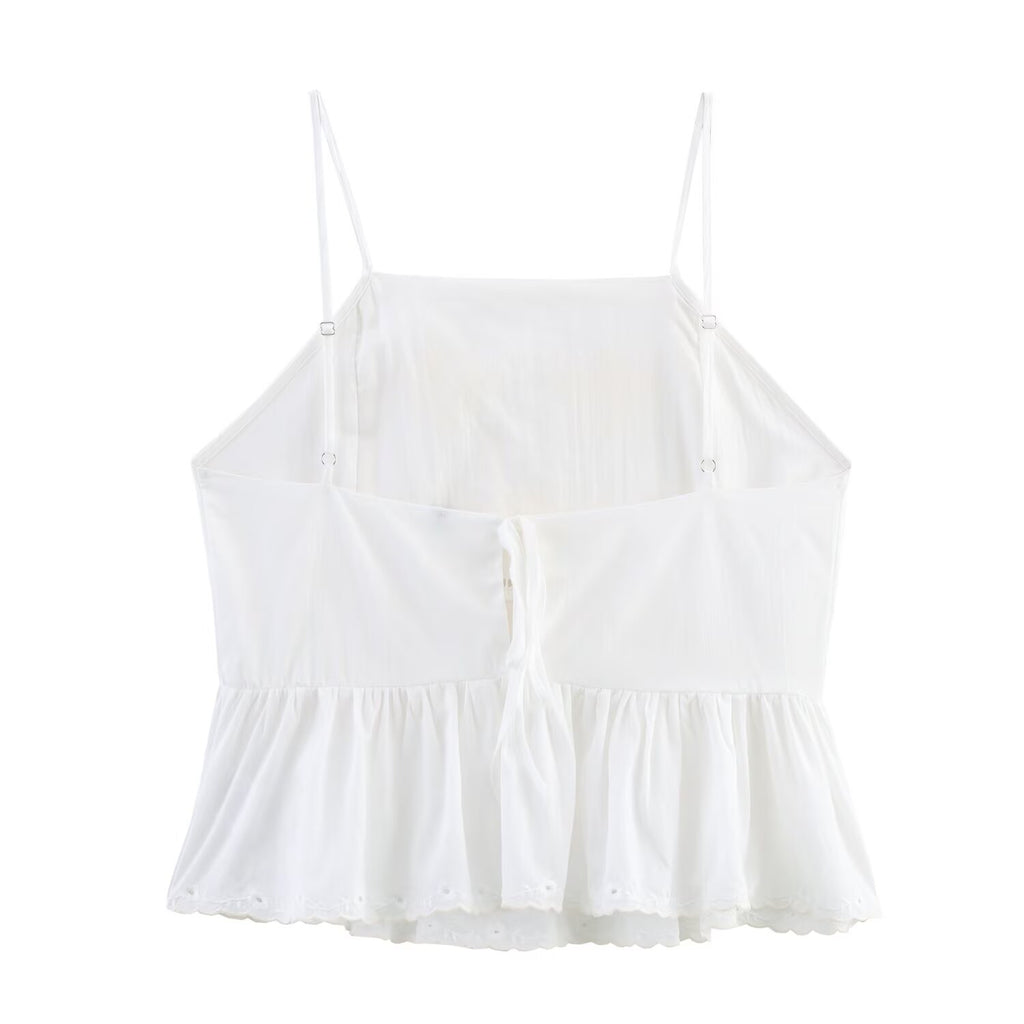 Women Clothing Summer Simple Embroidery Short Pleated Hem Sling Top Howe