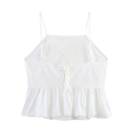 Women Clothing Summer Simple Embroidery Short Pleated Hem Sling Top Howe