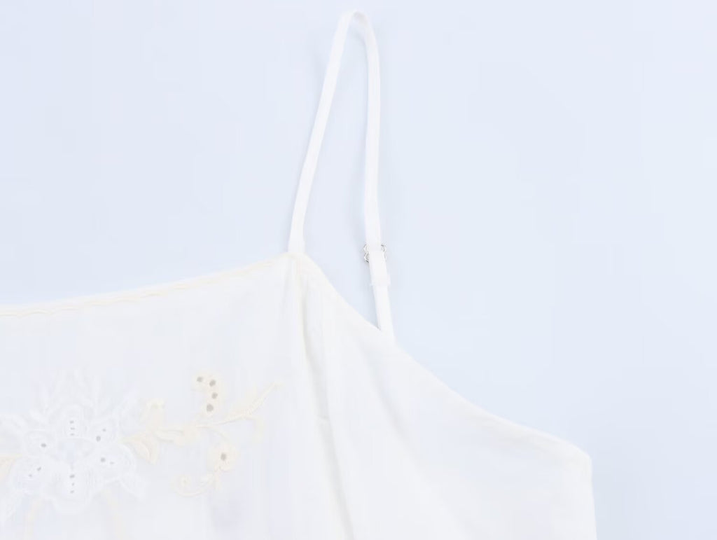 Women Clothing Summer Simple Embroidery Short Pleated Hem Sling Top Howe