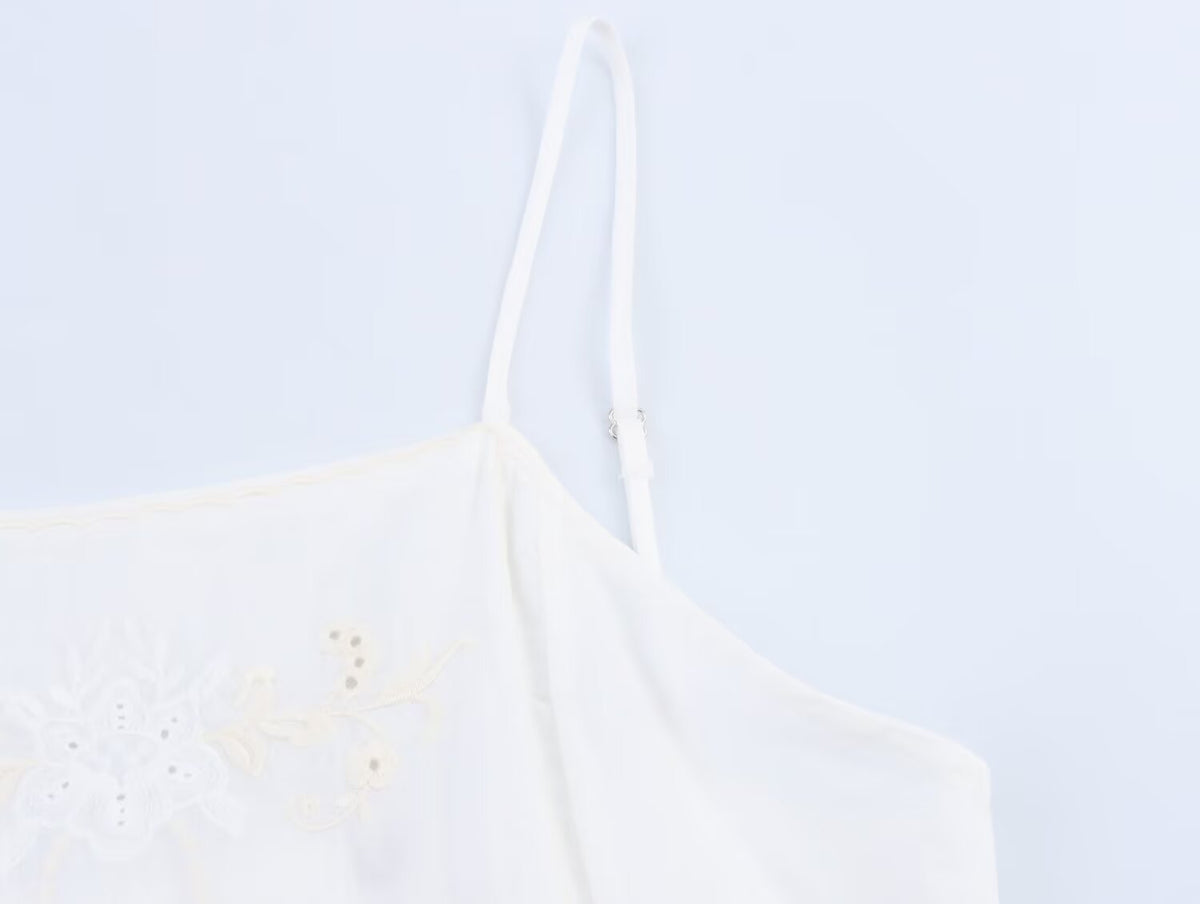 Women Clothing Summer Simple Embroidery Short Pleated Hem Sling Top Howe