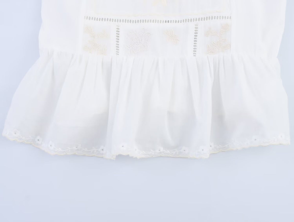Women Clothing Summer Simple Embroidery Short Pleated Hem Sling Top Howe