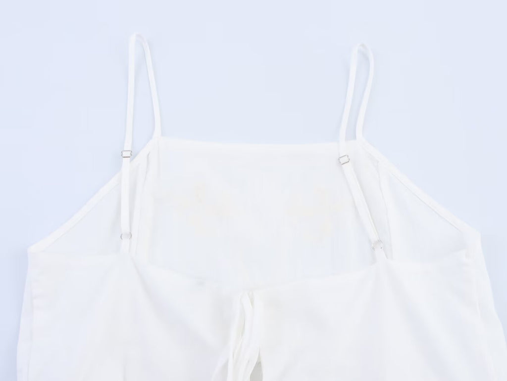 Women Clothing Summer Simple Embroidery Short Pleated Hem Sling Top Howe