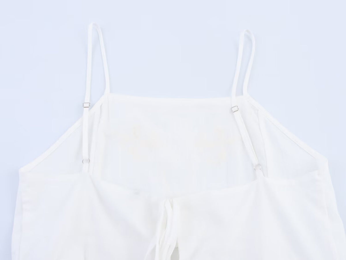 Women Clothing Summer Simple Embroidery Short Pleated Hem Sling Top Howe