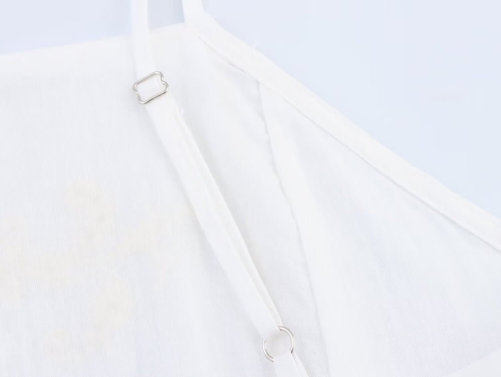 Women Clothing Summer Simple Embroidery Short Pleated Hem Sling Top Howe
