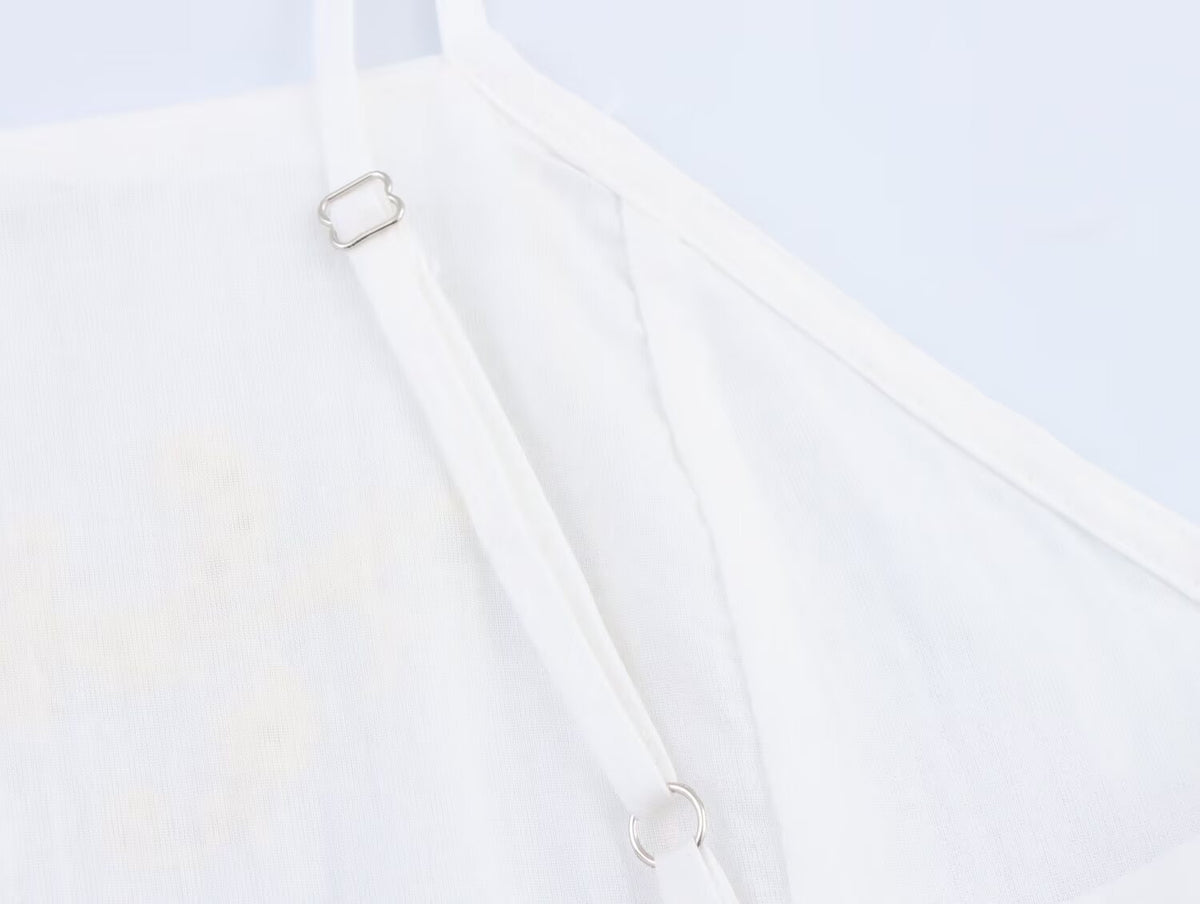 Women Clothing Summer Simple Embroidery Short Pleated Hem Sling Top Howe