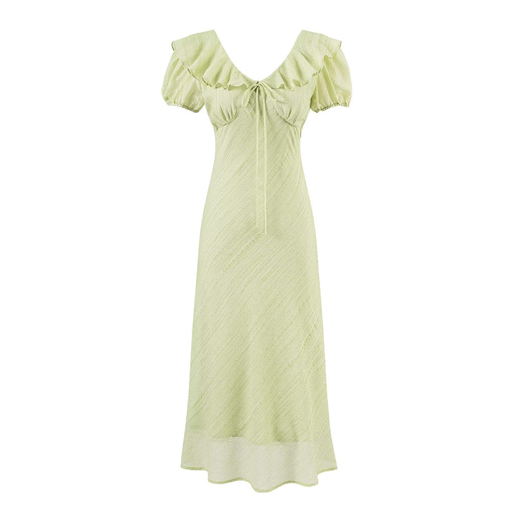 Vestido verde Tea Break para mujer, vestido de verano con escote en V y cintura controlada con volantes suaves