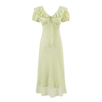 Vestido verde Tea Break para mujer, vestido de verano con escote en V y cintura controlada con volantes suaves