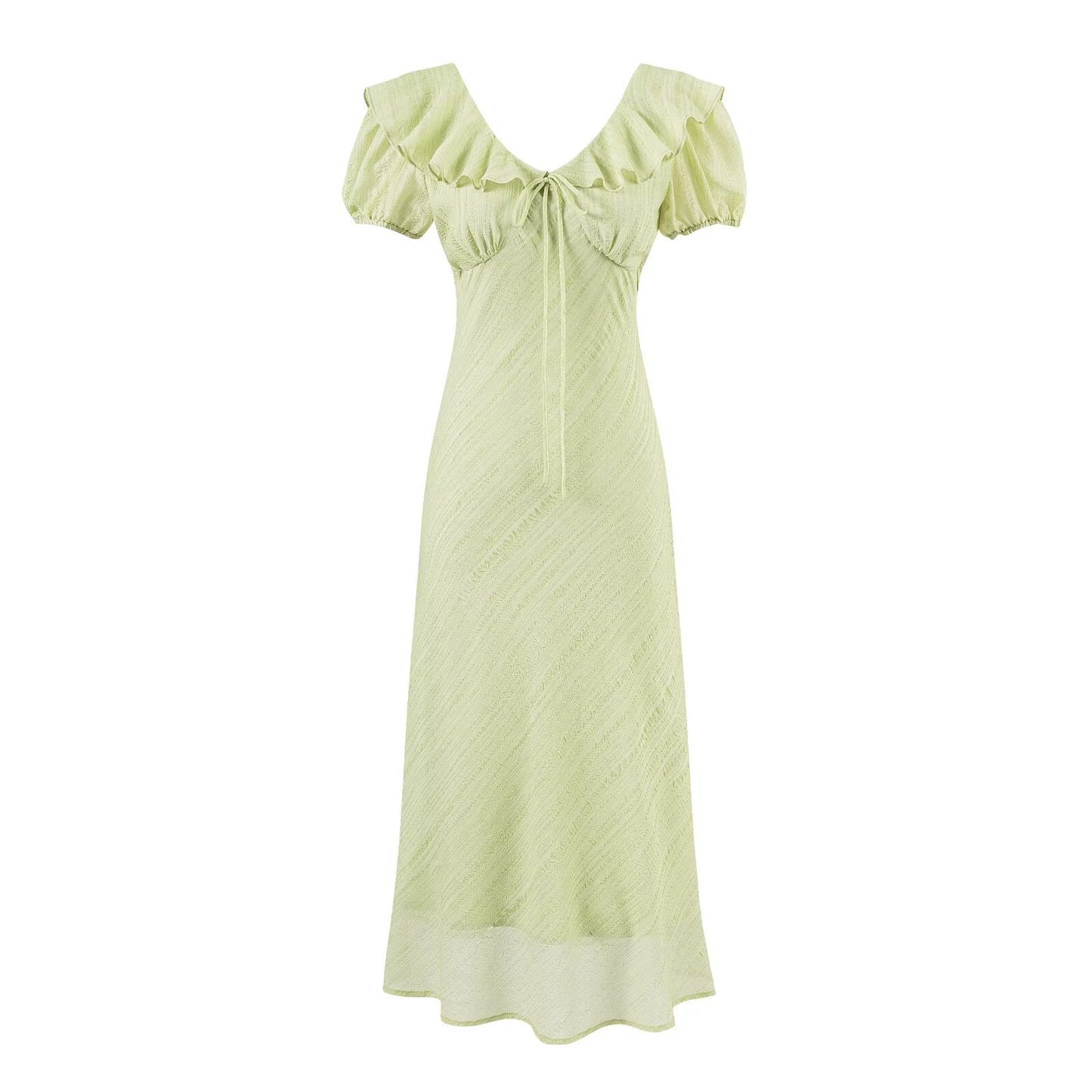Tea Break Green Dress Women Summer Gentle Ruffled Waist Controlled V neck Dress