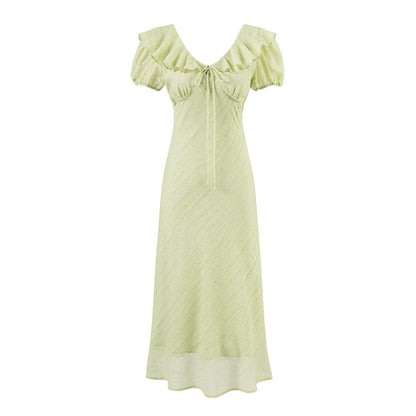 Tea Break Green Dress Women Summer Gentle Ruffled Waist Controlled V neck Dress