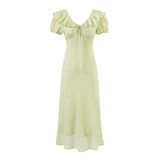 Tea Break Green Dress Women Summer Gentle Ruffled Waist Controlled V neck Dress