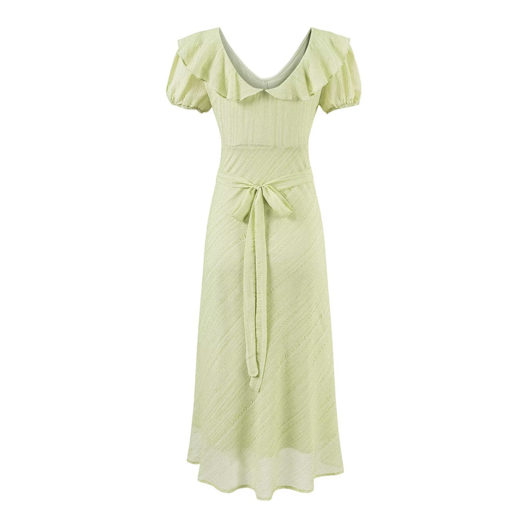 Vestido verde Tea Break para mujer, vestido de verano con escote en V y cintura controlada con volantes suaves