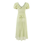 Vestido verde Tea Break para mujer, vestido de verano con escote en V y cintura controlada con volantes suaves