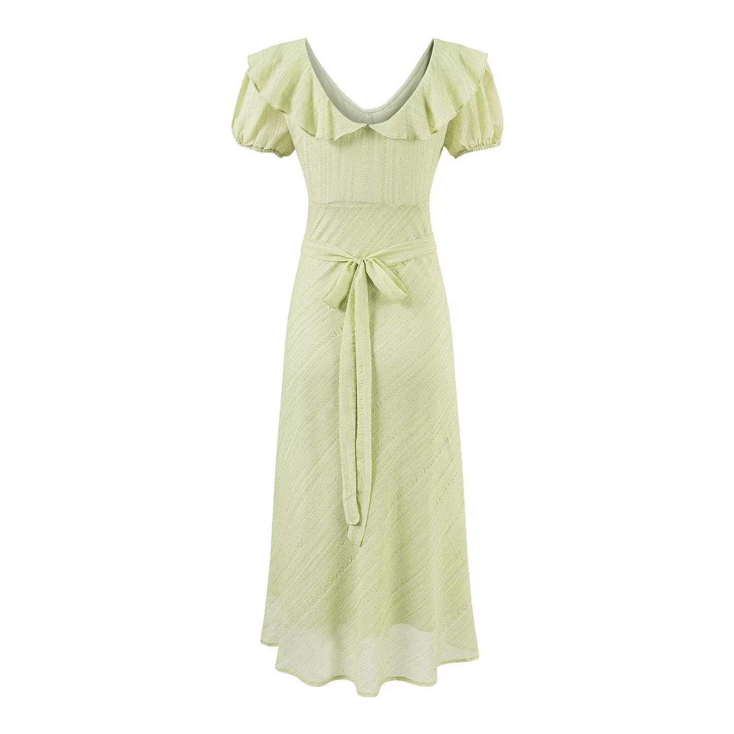 Tea Break Green Dress Women Summer Gentle Ruffled Waist Controlled V neck Dress
