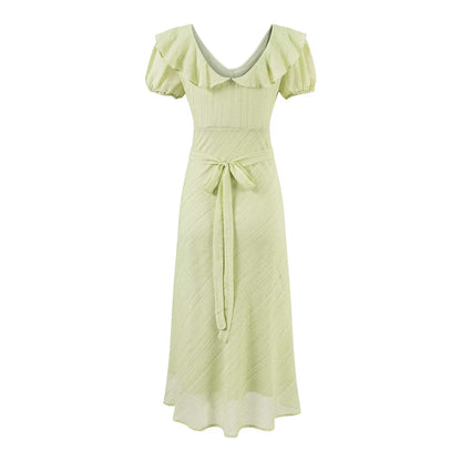Tea Break Green Dress Women Summer Gentle Ruffled Waist Controlled V neck Dress