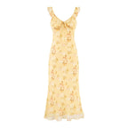 Sweet Ruffled V neck Lace up Printing Slip Dress Vacation Sexy Long Fishtail Dress PullWind