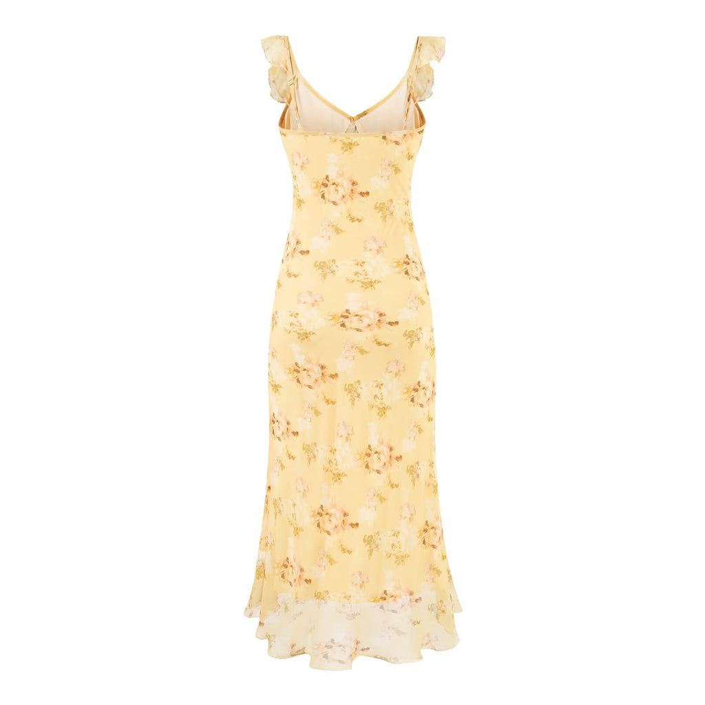 Sweet Ruffled V neck Lace up Printing Slip Dress Vacation Sexy Long Fishtail Dress PullWind