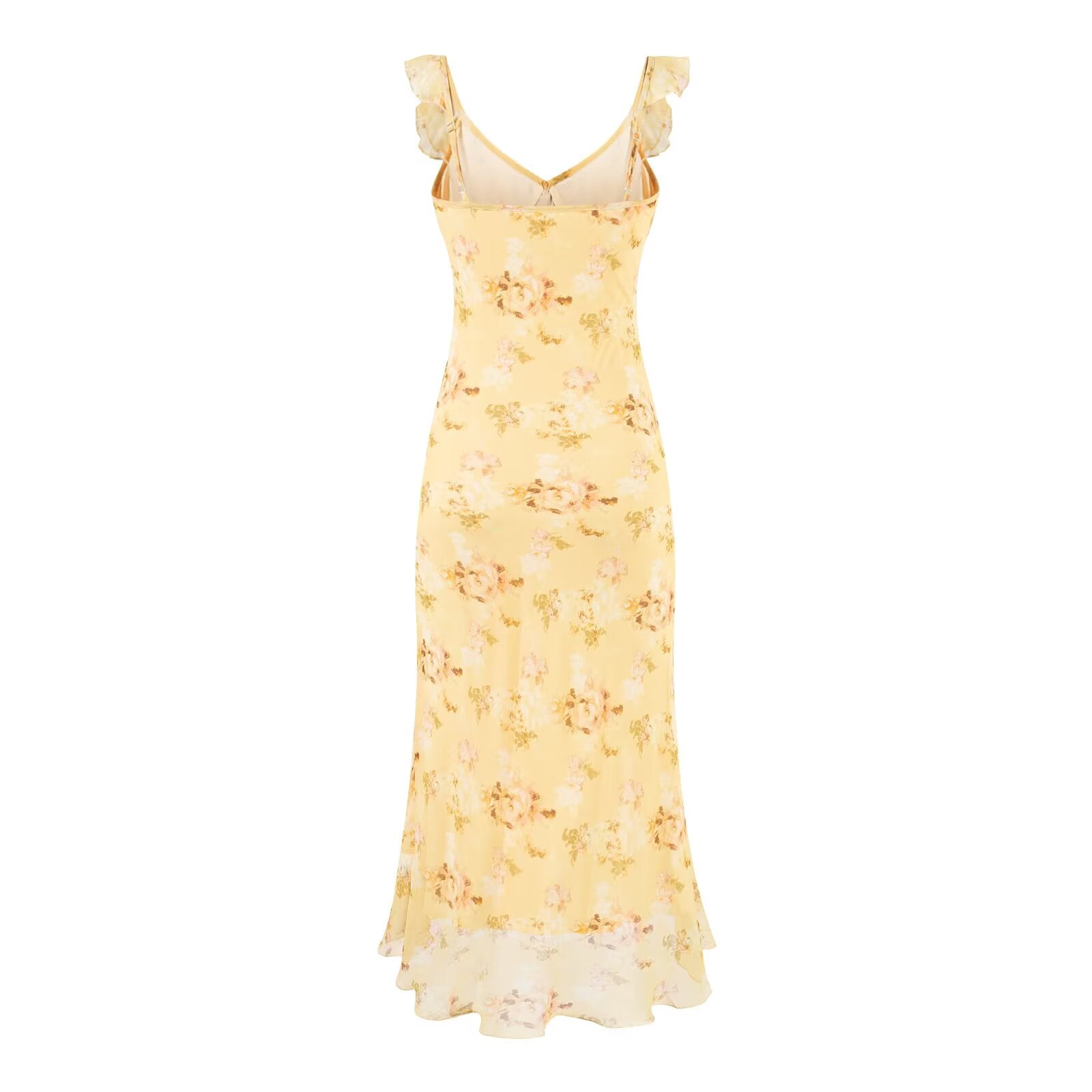 Sweet Ruffled V neck Lace up Printing Slip Dress Vacation Sexy Long Fishtail Dress PullWind