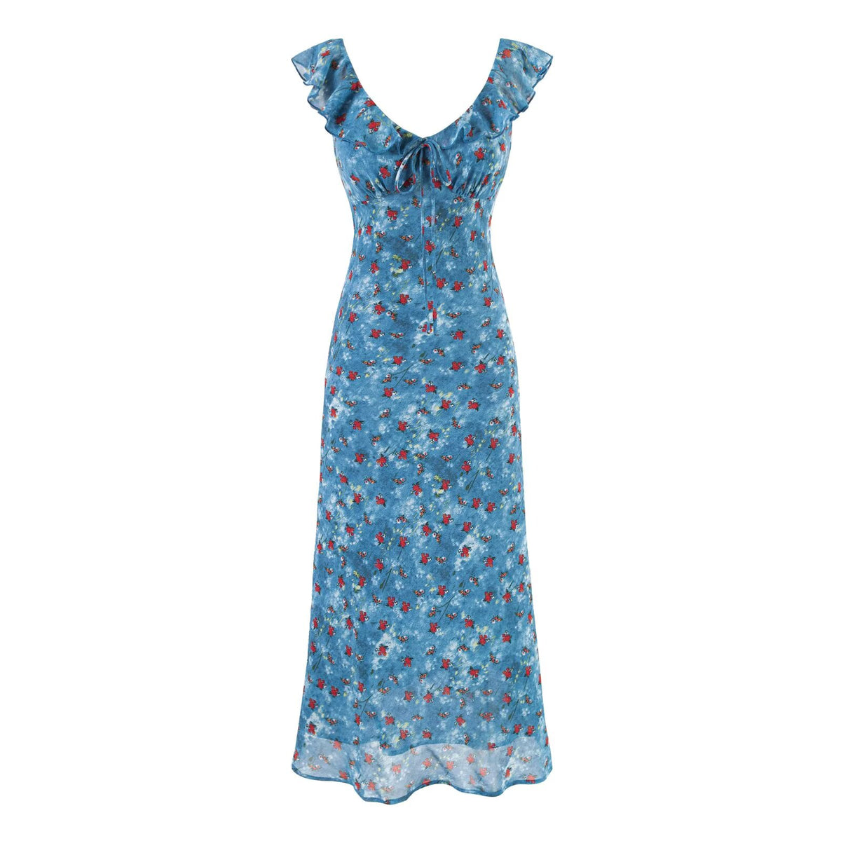 Women Clothing Summer Holiday Blue Printed Ruffled Waist Dress PullWind